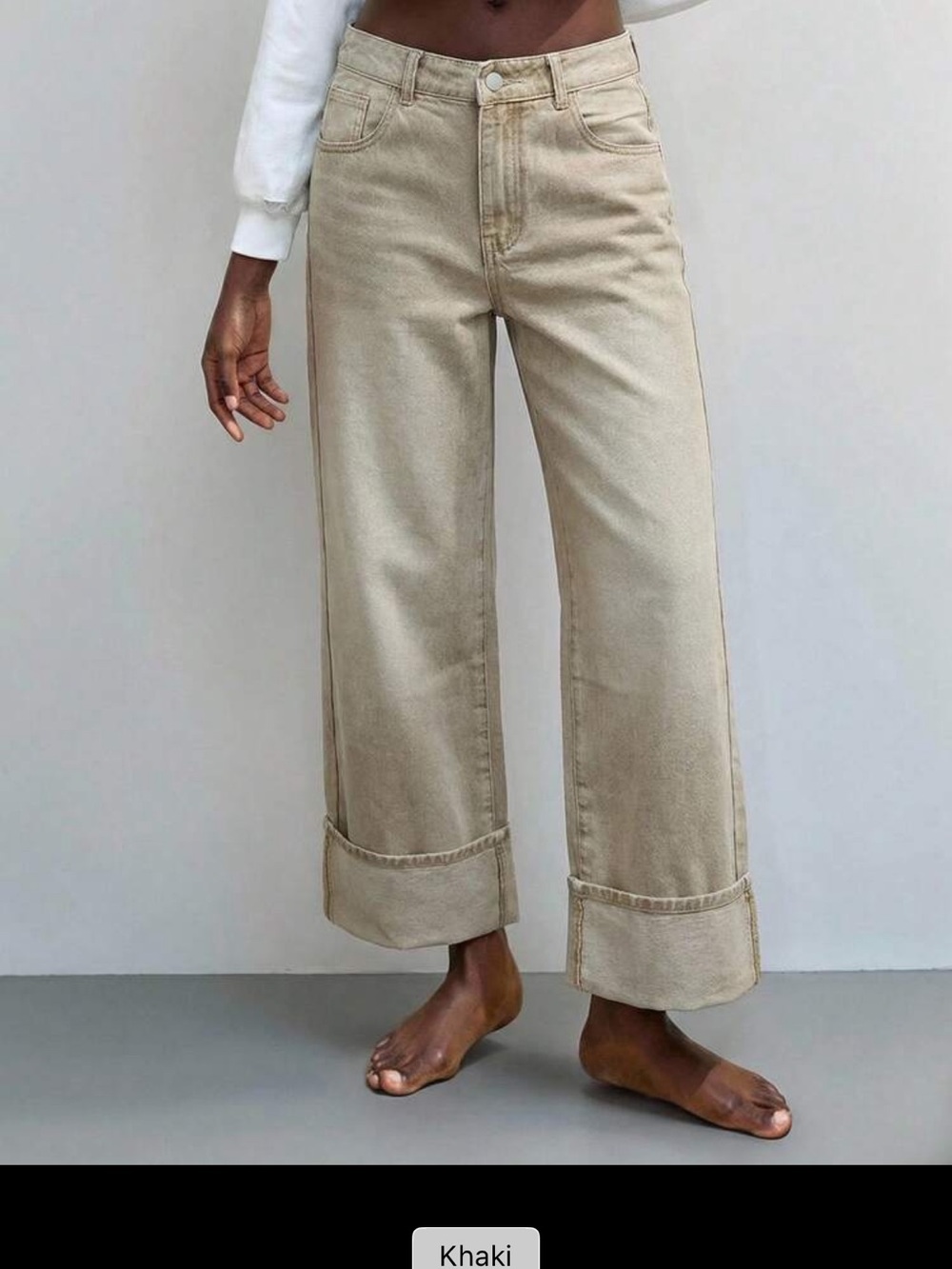 SHEIN Khaki Wide-Leg Cuffed Jeans